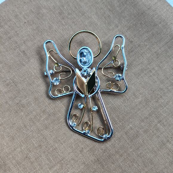 Singing Choir Angel Pin Brooch Silver and Gold Tone with Clear Rhinestones - Picture 1 of 6